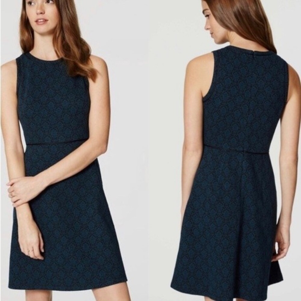 Ann Taylor Loft jacquard black and green pattern flare dress size 0 NWOT